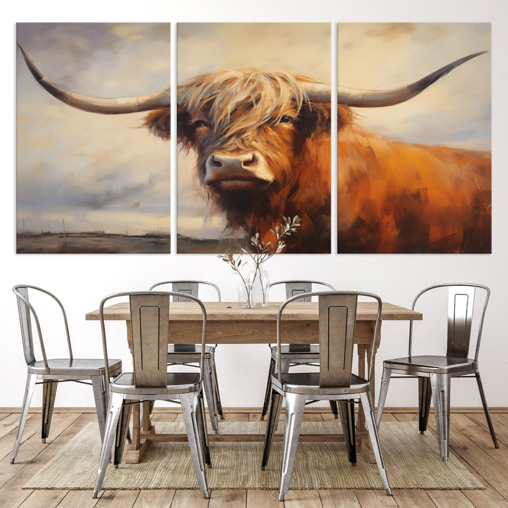 Triptych canvas wall art featuring a majestic abstract Highland longhorn cow with long horns and a flowing coat, set against a serene, natural backdrop.