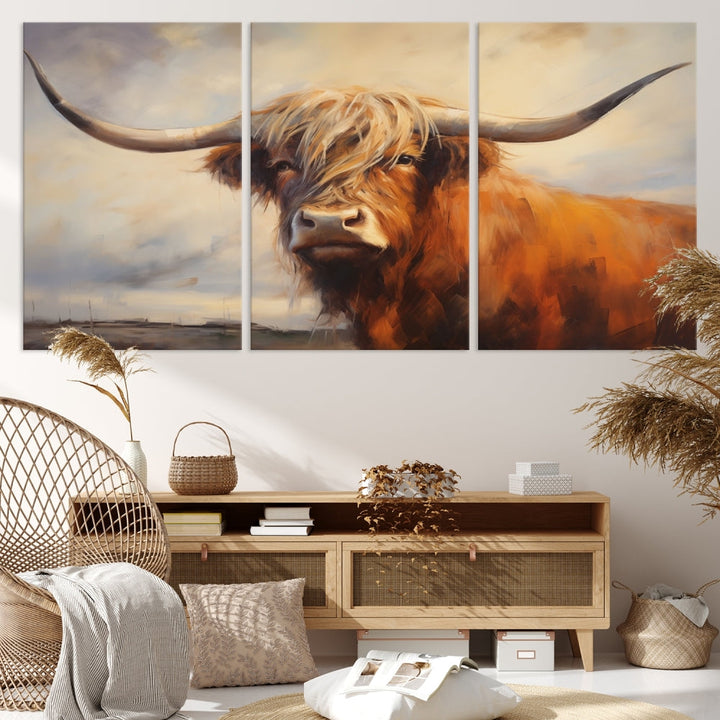 Triptych canvas wall art featuring a majestic abstract Highland longhorn cow with long horns and a flowing coat, set against a serene, natural backdrop.