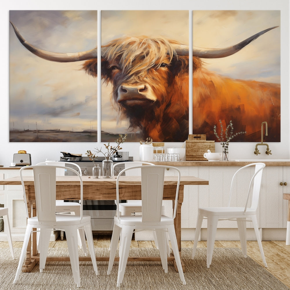 Triptych canvas wall art featuring a majestic abstract Highland longhorn cow with long horns and a flowing coat, set against a serene, natural backdrop.