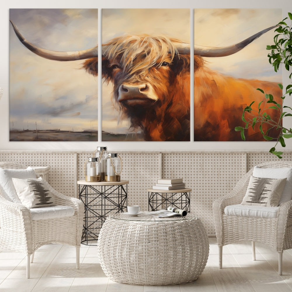 Triptych canvas wall art featuring a majestic abstract Highland longhorn cow with long horns and a flowing coat, set against a serene, natural backdrop.