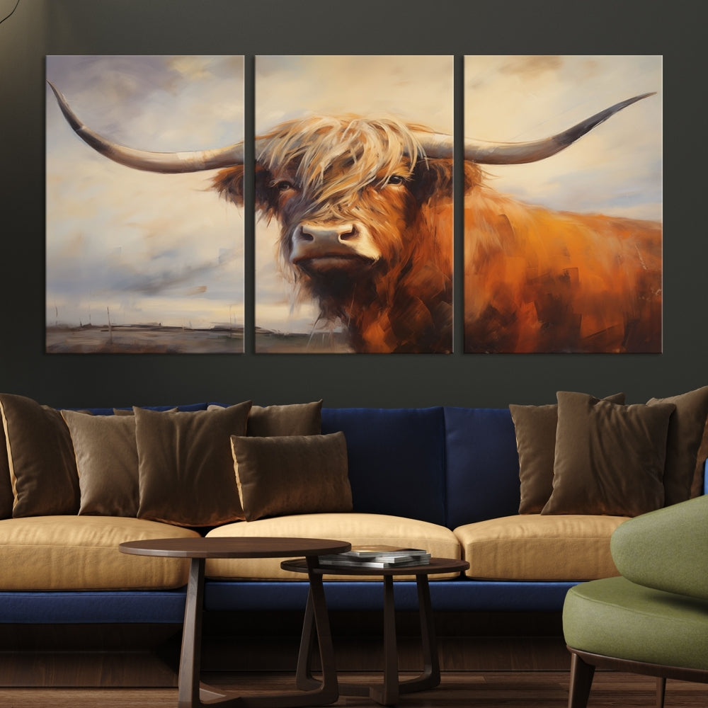 Triptych canvas wall art featuring a majestic abstract Highland longhorn cow with long horns and a flowing coat, set against a serene, natural backdrop.