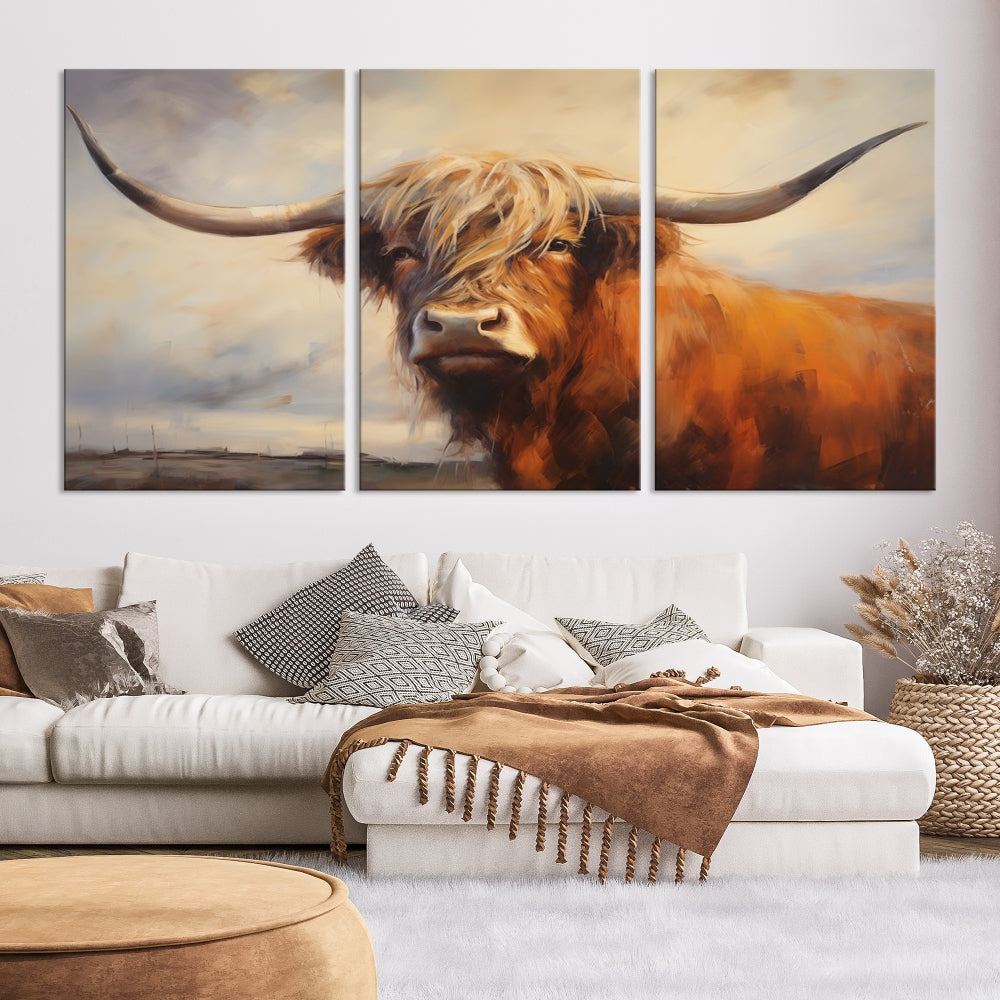 Triptych canvas wall art featuring a majestic abstract Highland longhorn cow with long horns and a flowing coat, set against a serene, natural backdrop.