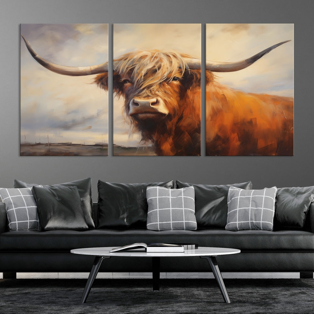 Triptych canvas wall art featuring a majestic abstract Highland longhorn cow with long horns and a flowing coat, set against a serene, natural backdrop.