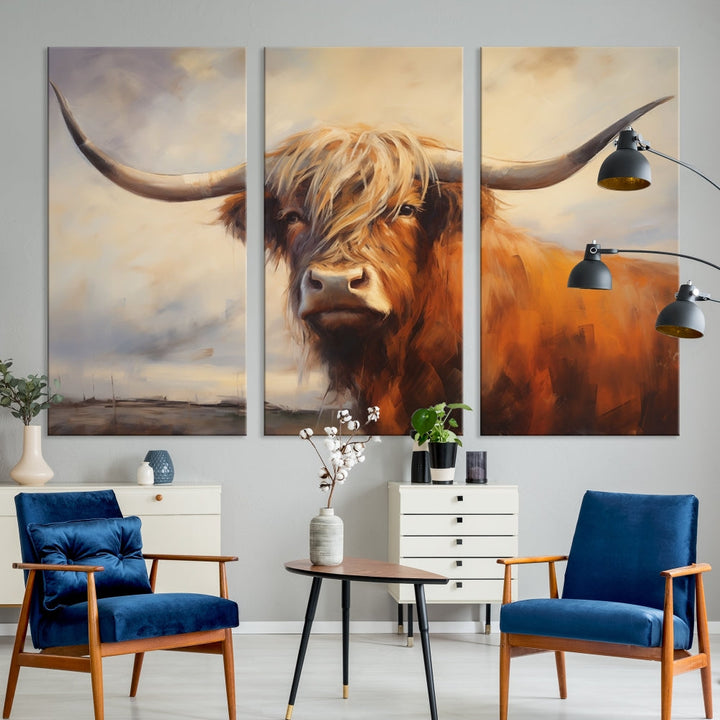 Triptych canvas wall art featuring a majestic abstract Highland longhorn cow with long horns and a flowing coat, set against a serene, natural backdrop.