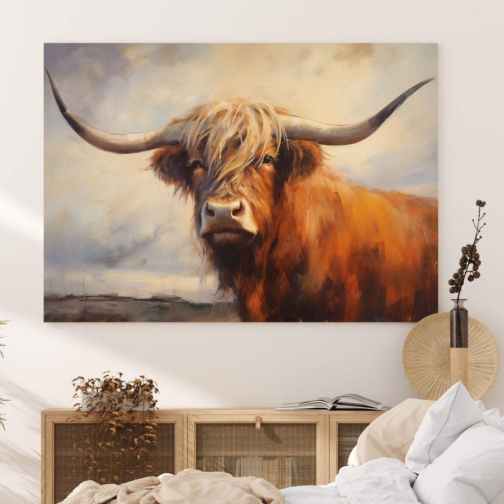 The Longhorn Highland Cow Canvas Wall Art Print, designed in a bold artistic style and perfect for rustic farmhouse decor, adds charm while hanging elegantly on the wall.