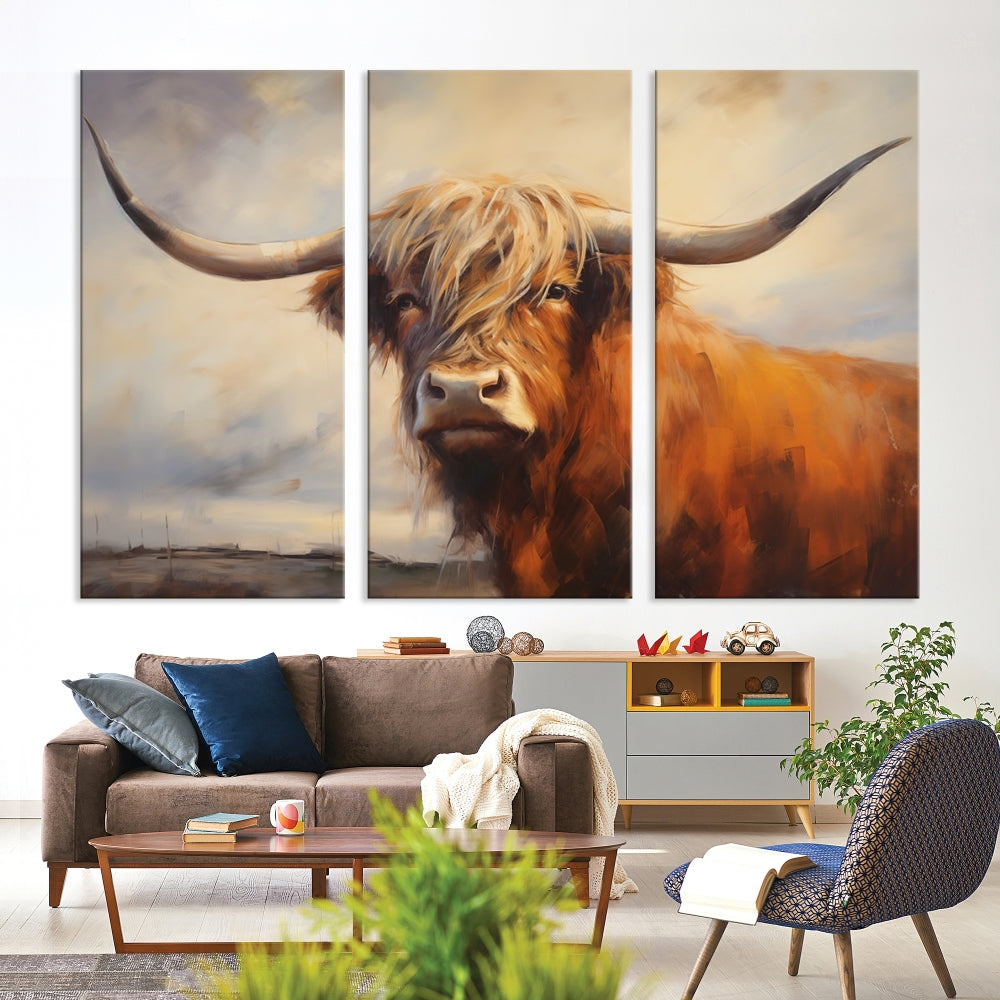 Triptych canvas wall art featuring a majestic abstract Highland longhorn cow with long horns and a flowing coat, set against a serene, natural backdrop.