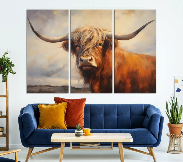 Triptych canvas wall art featuring a majestic abstract Highland longhorn cow with long horns and a flowing coat, set against a serene, natural backdrop.