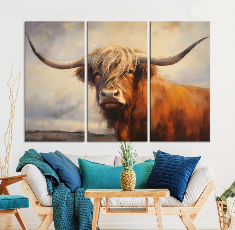 Triptych canvas wall art featuring a majestic abstract Highland longhorn cow with long horns and a flowing coat, set against a serene, natural backdrop.