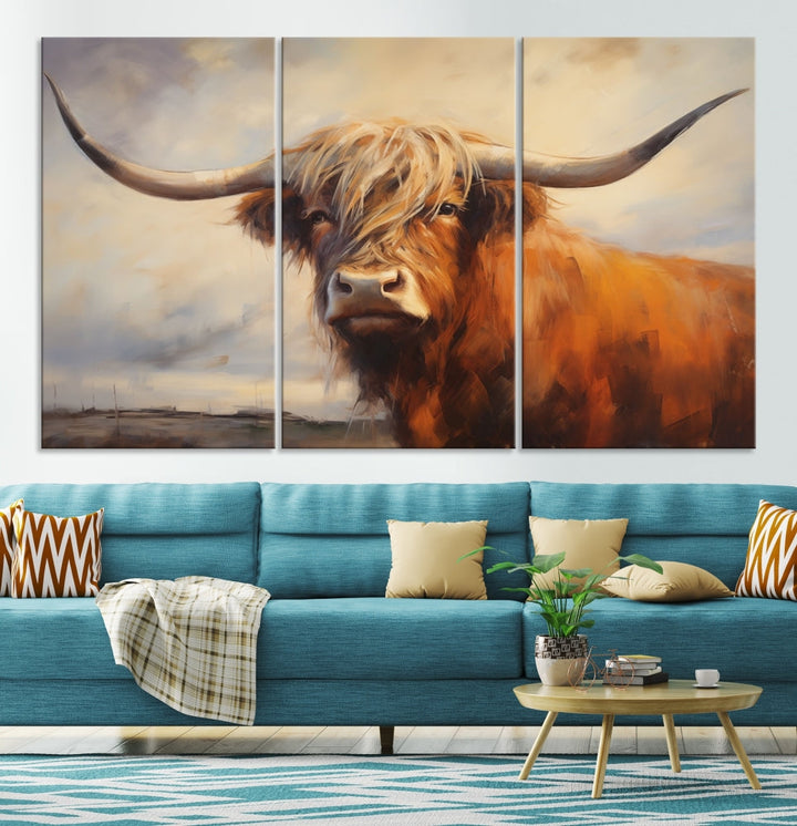 Triptych canvas wall art featuring a majestic abstract Highland longhorn cow with long horns and a flowing coat, set against a serene, natural backdrop.