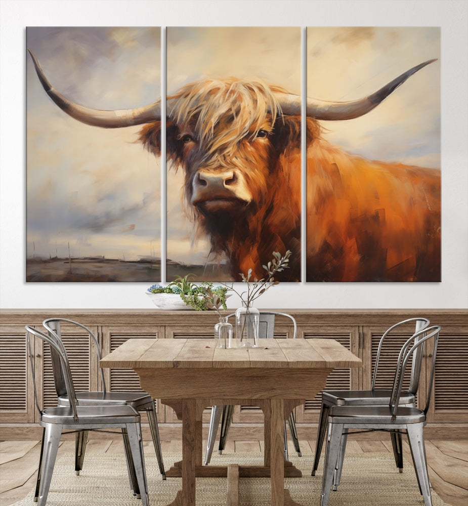 Triptych canvas wall art featuring a majestic abstract Highland longhorn cow with long horns and a flowing coat, set against a serene, natural backdrop.