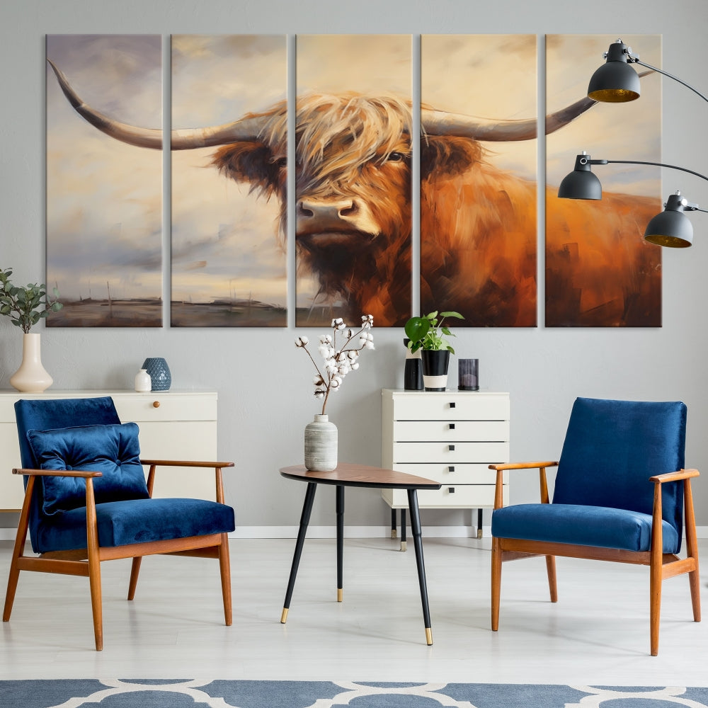 Triptych canvas wall art featuring a majestic abstract Highland longhorn cow with long horns and a flowing coat, set against a serene, natural backdrop.