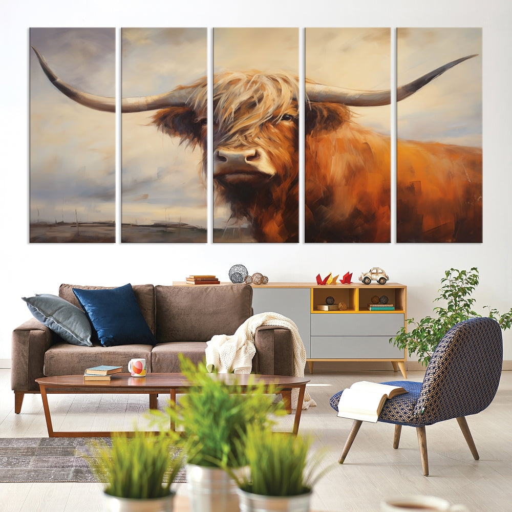 Triptych canvas wall art featuring a majestic abstract Highland longhorn cow with long horns and a flowing coat, set against a serene, natural backdrop.