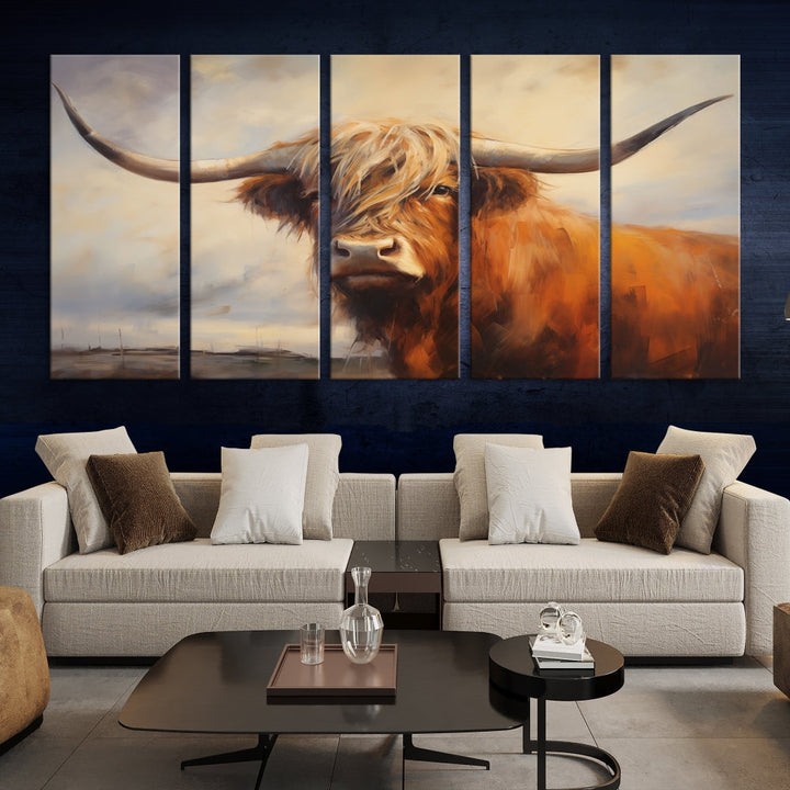 Triptych canvas wall art featuring a majestic abstract Highland longhorn cow with long horns and a flowing coat, set against a serene, natural backdrop.