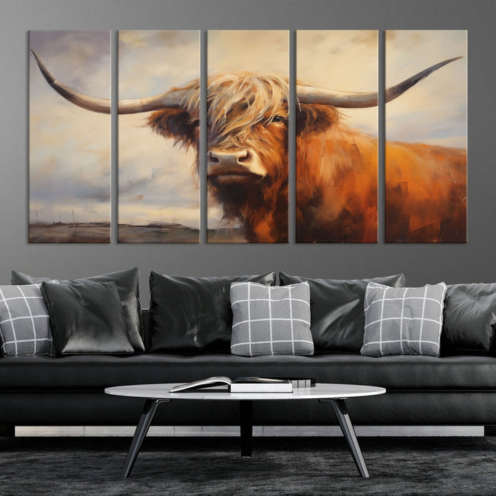 Triptych canvas wall art featuring a majestic abstract Highland longhorn cow with long horns and a flowing coat, set against a serene, natural backdrop.