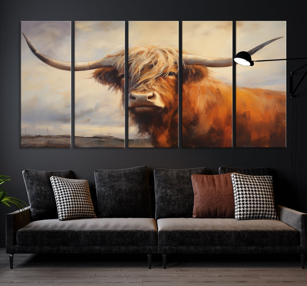 Triptych canvas wall art featuring a majestic abstract Highland longhorn cow with long horns and a flowing coat, set against a serene, natural backdrop.