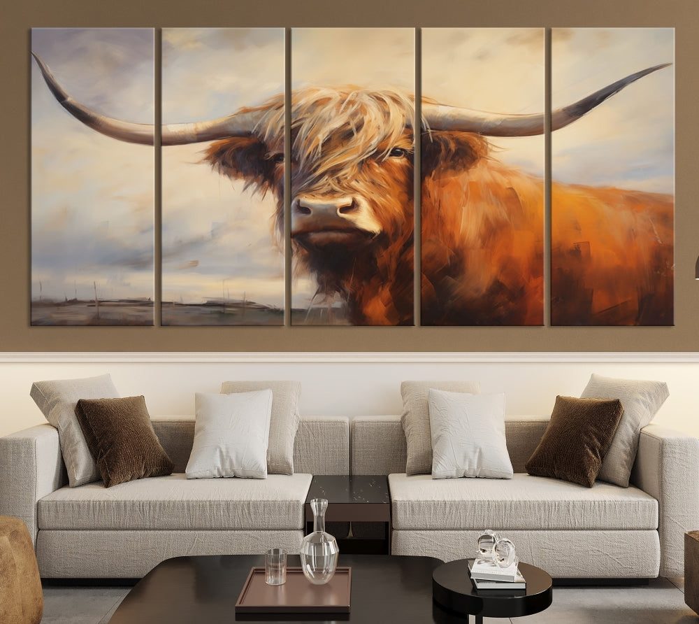 Triptych canvas wall art featuring a majestic abstract Highland longhorn cow with long horns and a flowing coat, set against a serene, natural backdrop.