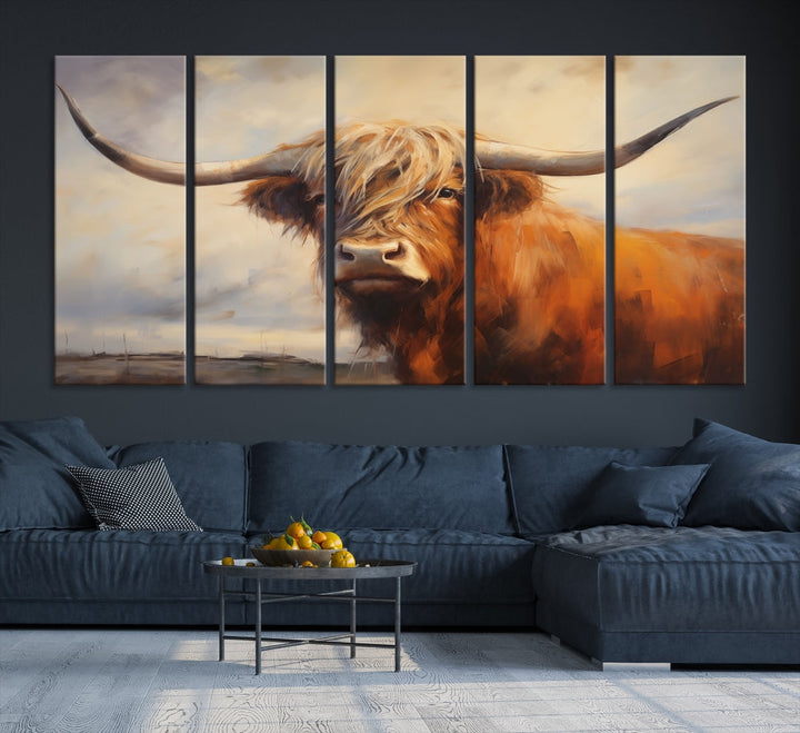 Triptych canvas wall art featuring a majestic abstract Highland longhorn cow with long horns and a flowing coat, set against a serene, natural backdrop.