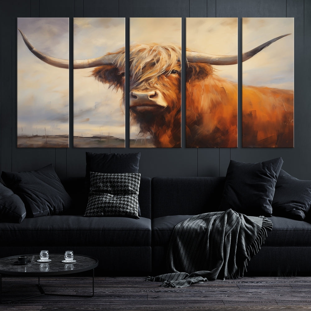 Triptych canvas wall art featuring a majestic abstract Highland longhorn cow with long horns and a flowing coat, set against a serene, natural backdrop.