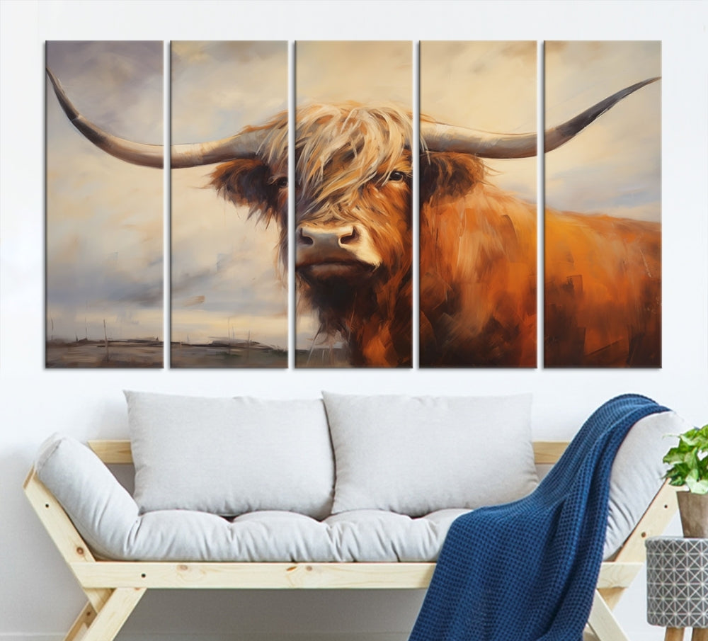 Triptych canvas wall art featuring a majestic abstract Highland longhorn cow with long horns and a flowing coat, set against a serene, natural backdrop.