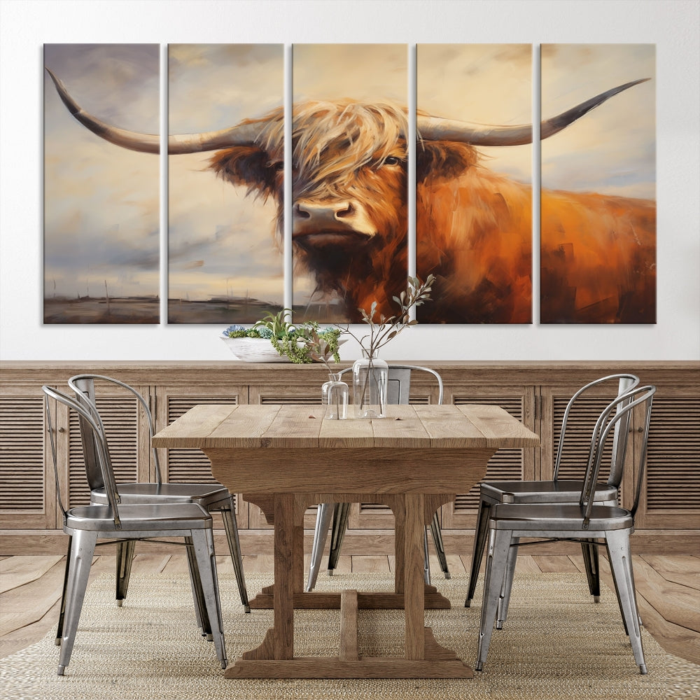 Triptych canvas wall art featuring a majestic abstract Highland longhorn cow with long horns and a flowing coat, set against a serene, natural backdrop.