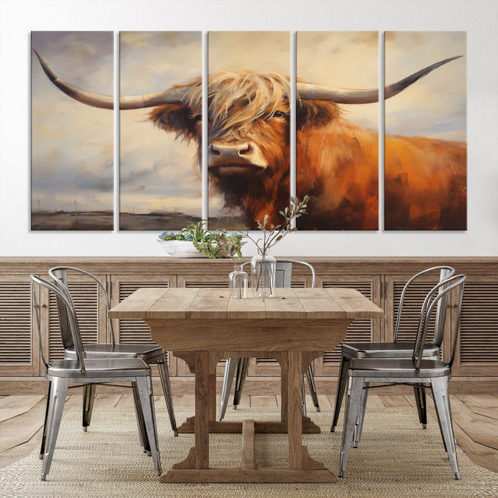 Triptych canvas wall art featuring a majestic abstract Highland longhorn cow with long horns and a flowing coat, set against a serene, natural backdrop.