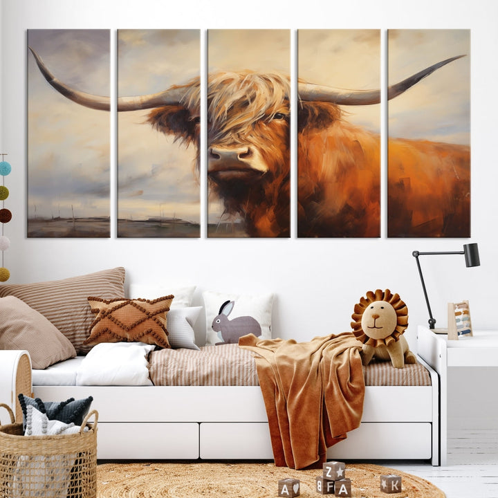 Triptych canvas wall art featuring a majestic abstract Highland longhorn cow with long horns and a flowing coat, set against a serene, natural backdrop.