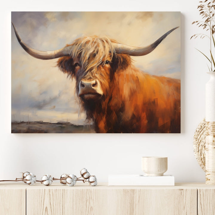 The Longhorn Highland Cow Canvas Wall Art Print, designed in a bold artistic style and perfect for rustic farmhouse decor, adds charm while hanging elegantly on the wall.