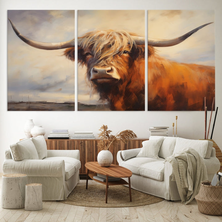 Triptych canvas wall art featuring a majestic abstract Highland longhorn cow with long horns and a flowing coat, set against a serene, natural backdrop.