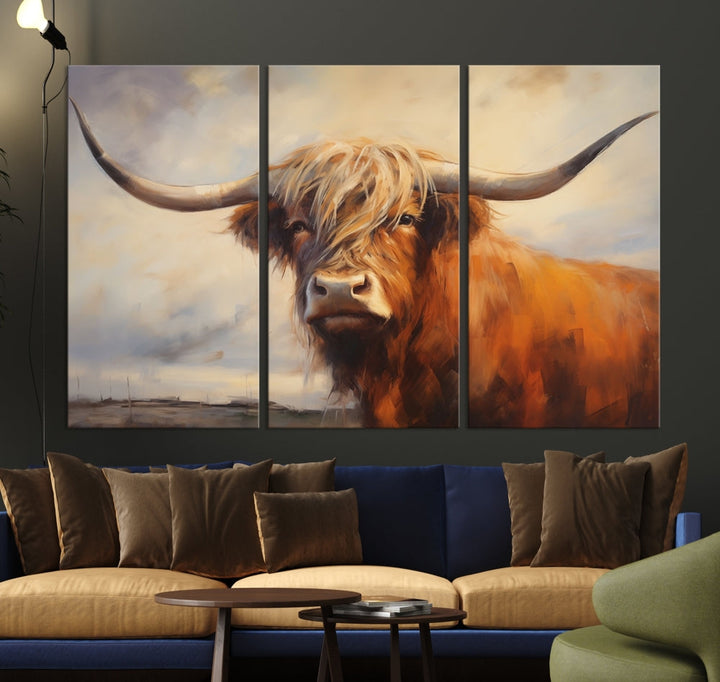 The Longhorn Highland Cow Canvas Wall Art Print, designed in a bold artistic style and perfect for rustic farmhouse decor, adds charm while hanging elegantly on the wall.