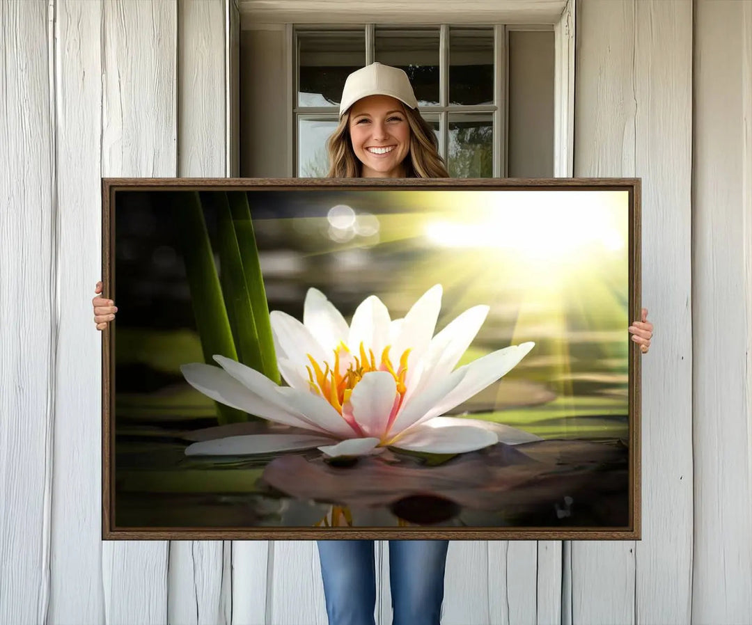 A serene Lotus Flower Wall Art Canvas Print depicts a water lily with sun rays, beautifully displayed on a light-colored wall.