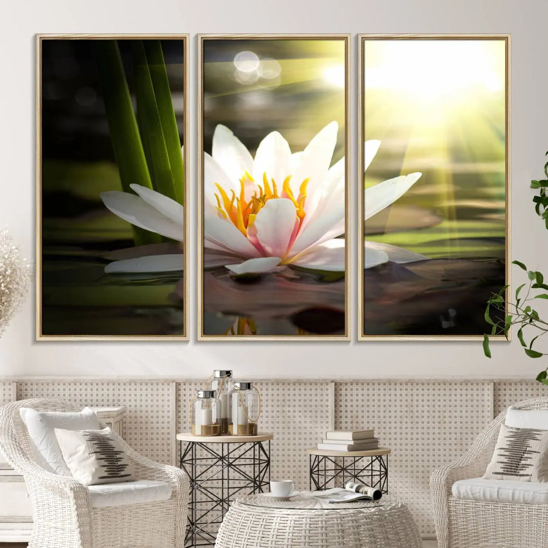 A serene Lotus Flower Wall Art Canvas Print depicts a water lily with sun rays, beautifully displayed on a light-colored wall.