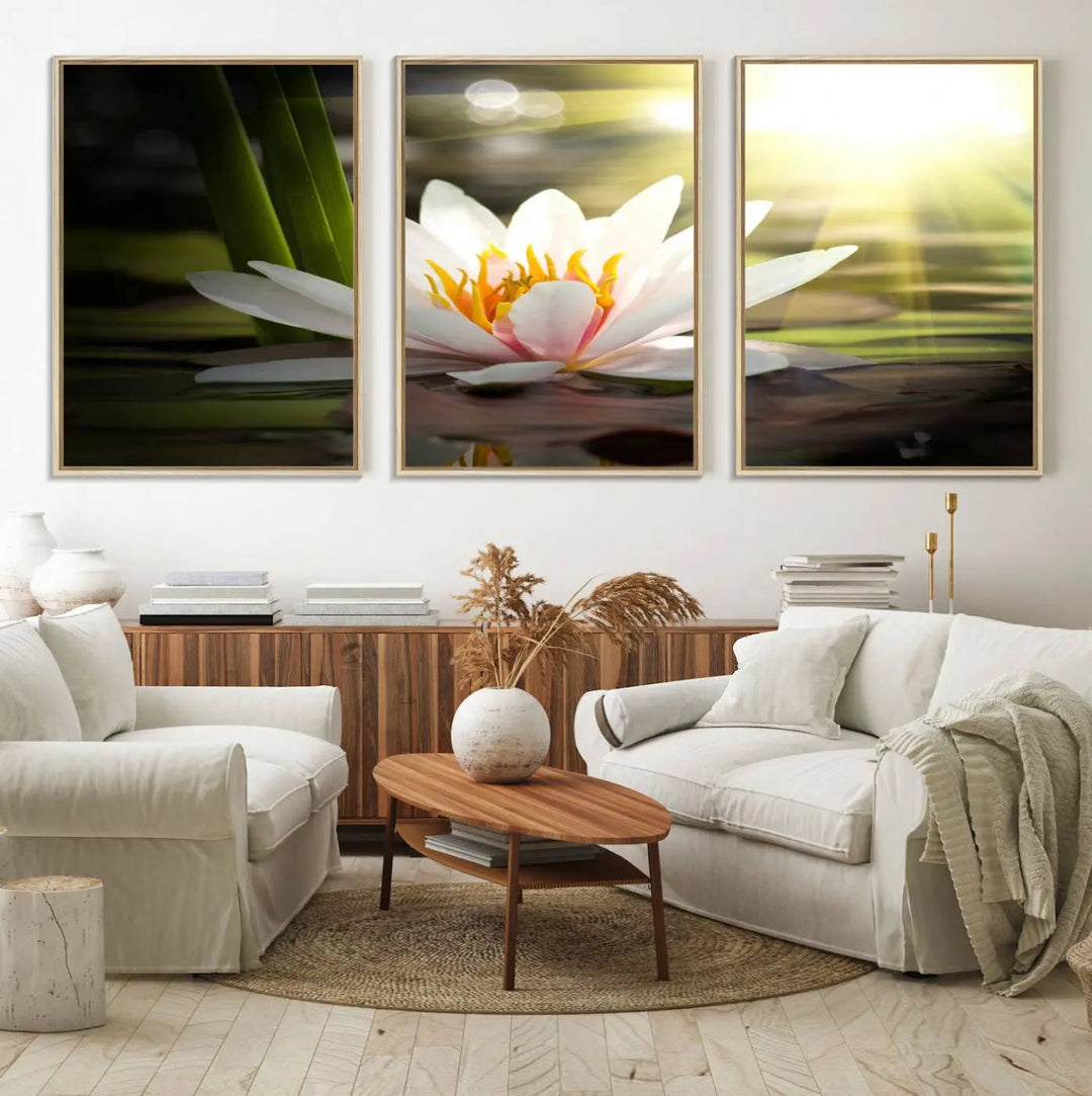 A serene Lotus Flower Wall Art Canvas Print depicts a water lily with sun rays, beautifully displayed on a light-colored wall.