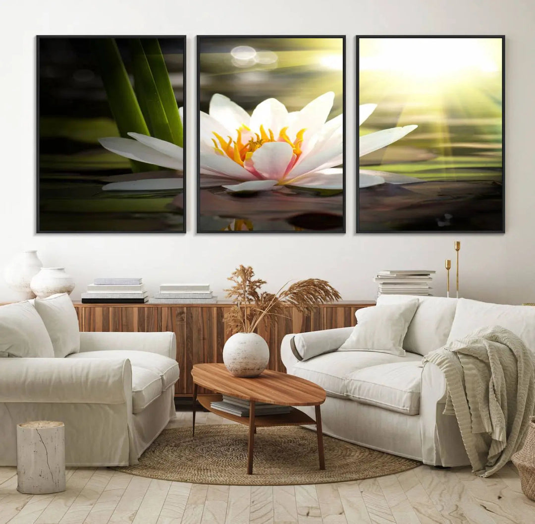 A serene Lotus Flower Wall Art Canvas Print depicts a water lily with sun rays, beautifully displayed on a light-colored wall.