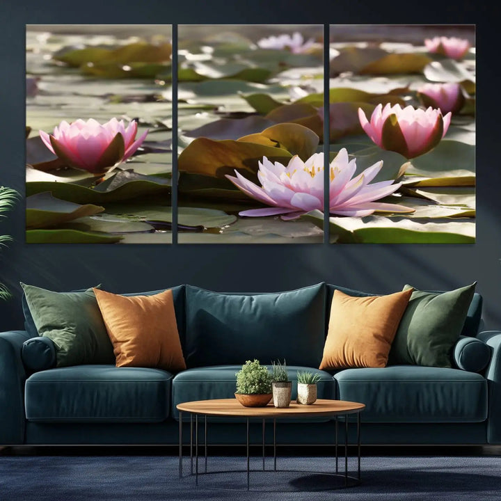 A dining room with a Lotus Flower Wall Art Canvas Print featuring pink water lilies.