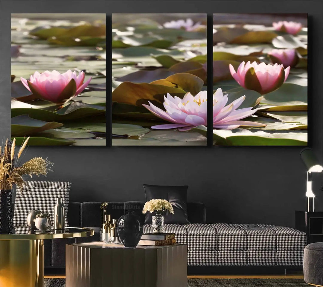 A dining room with a Lotus Flower Wall Art Canvas Print featuring pink water lilies.