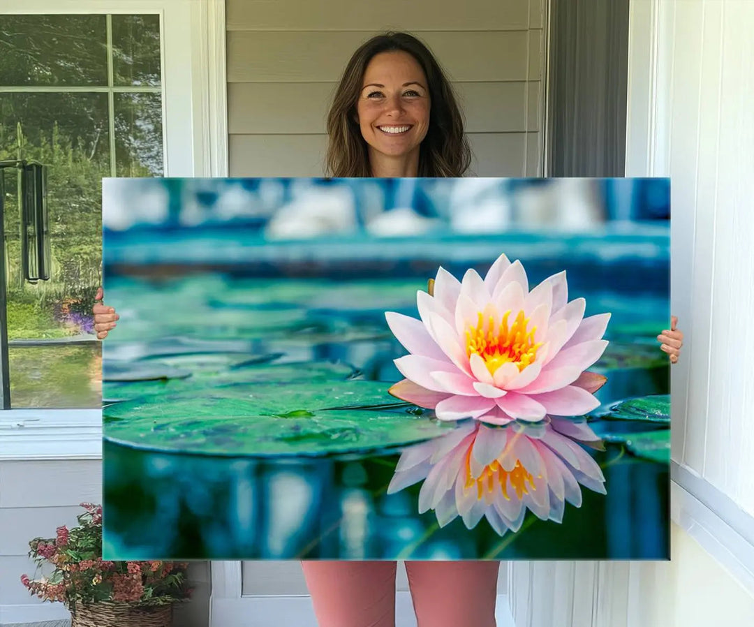 A kitchen featuring a pink Lotus Flower Canvas Print designed for Yoga or Meditation Room Decor.