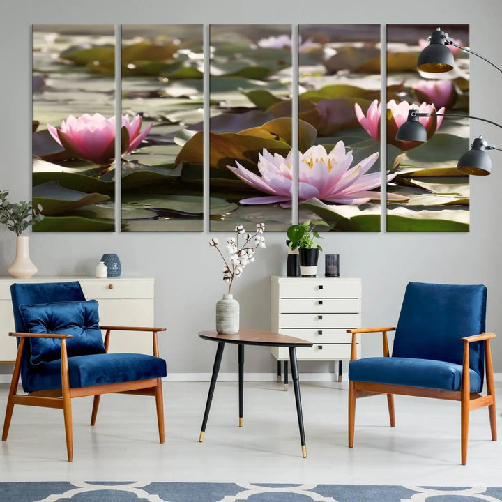 A dining room with a Lotus Flower Wall Art Canvas Print featuring pink water lilies.