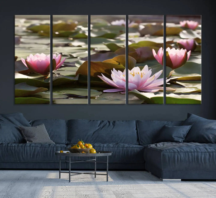 A dining room with a Lotus Flower Wall Art Canvas Print featuring pink water lilies.