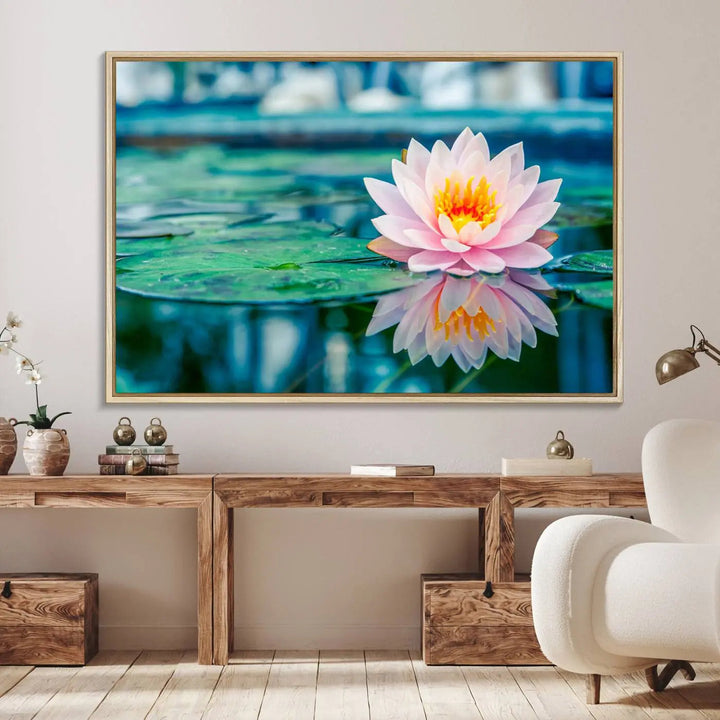 A kitchen featuring a pink Lotus Flower Canvas Print designed for Yoga or Meditation Room Decor.