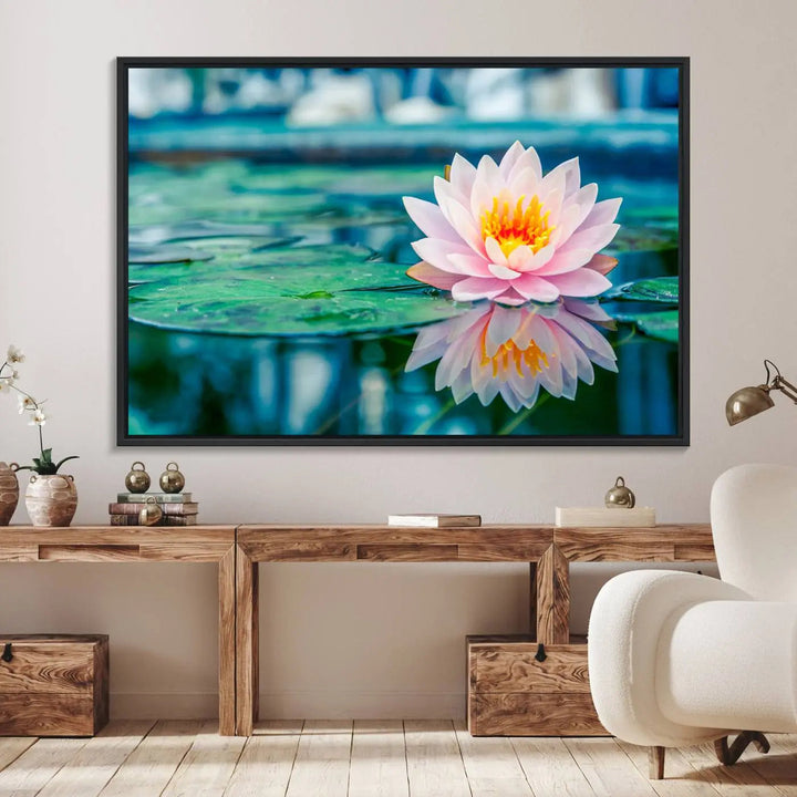 A kitchen featuring a pink Lotus Flower Canvas Print designed for Yoga or Meditation Room Decor.