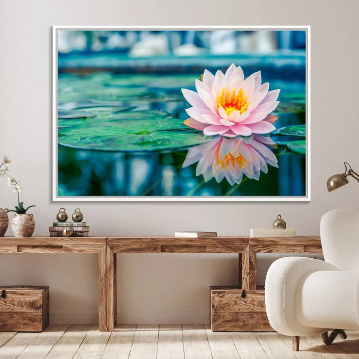 A kitchen featuring a pink Lotus Flower Canvas Print designed for Yoga or Meditation Room Decor.