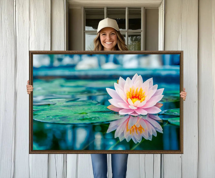 A kitchen featuring a pink Lotus Flower Canvas Print designed for Yoga or Meditation Room Decor.