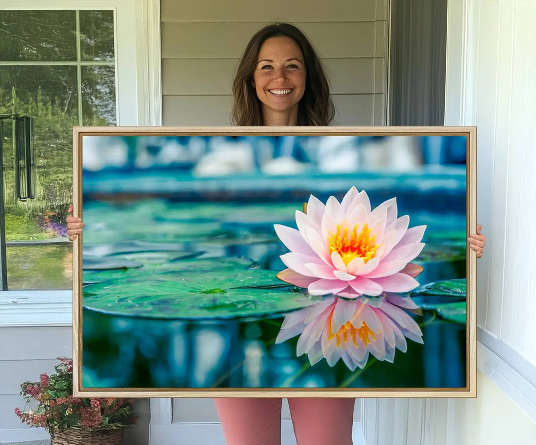 A kitchen featuring a pink Lotus Flower Canvas Print designed for Yoga or Meditation Room Decor.