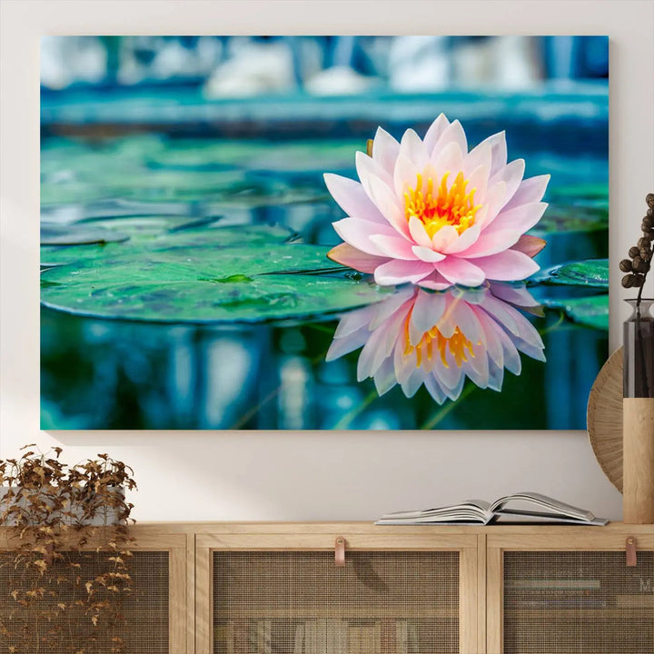 A kitchen featuring a pink Lotus Flower Canvas Print designed for Yoga or Meditation Room Decor.