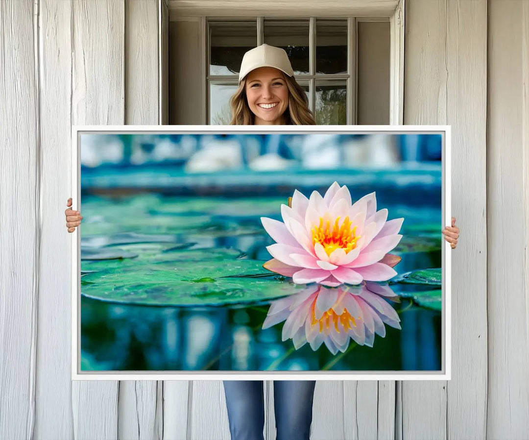 A kitchen featuring a pink Lotus Flower Canvas Print designed for Yoga or Meditation Room Decor.