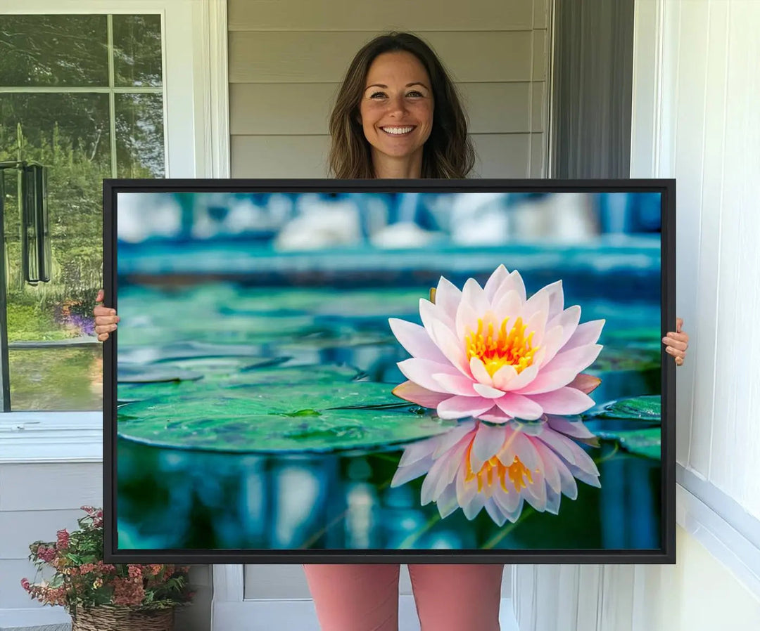 A kitchen featuring a pink Lotus Flower Canvas Print designed for Yoga or Meditation Room Decor.