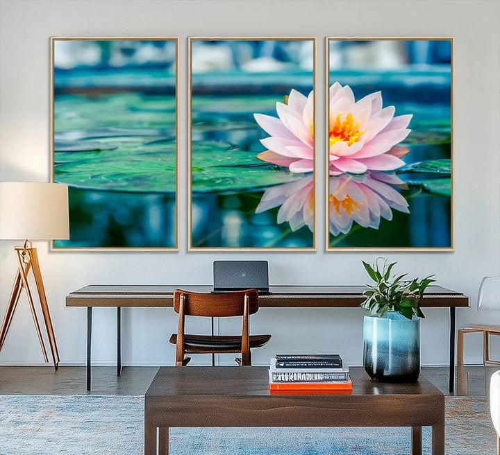 A kitchen featuring a pink Lotus Flower Canvas Print designed for Yoga or Meditation Room Decor.