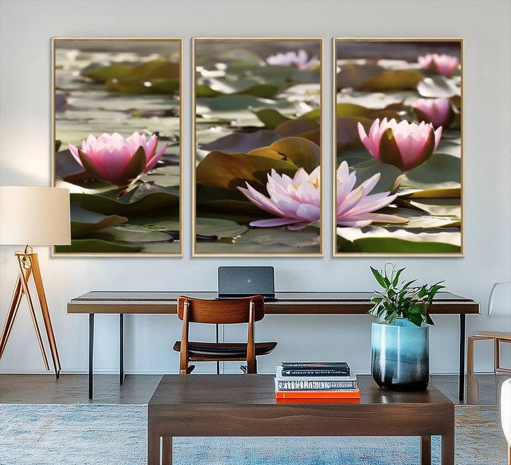 A dining room with a Lotus Flower Wall Art Canvas Print featuring pink water lilies.