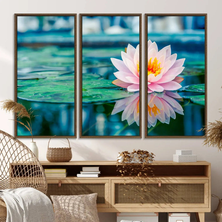 A kitchen featuring a pink Lotus Flower Canvas Print designed for Yoga or Meditation Room Decor.