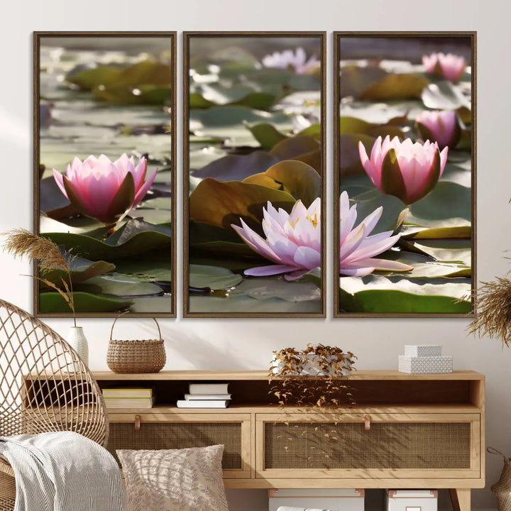 A dining room with a Lotus Flower Wall Art Canvas Print featuring pink water lilies.